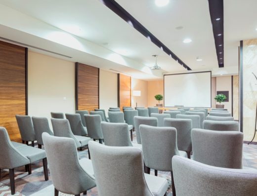 Konferencijska sala u Hotel Constantine the Great sa sivim foteljama u teatarskom rasporedu, projektorom i platnom