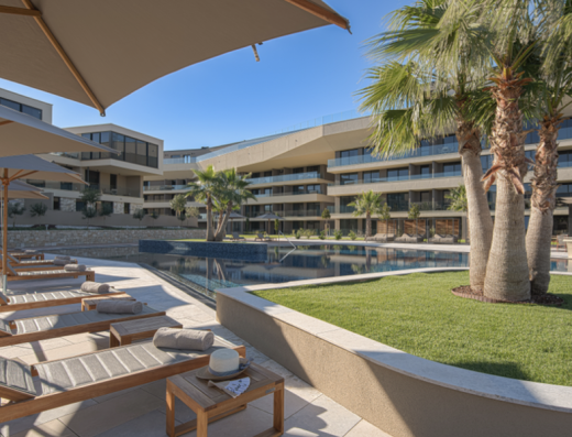 Bazen u Petram Resort & Residences sa ležaljkama, palmama, jedrilima za senku i modernom arhitekturom
